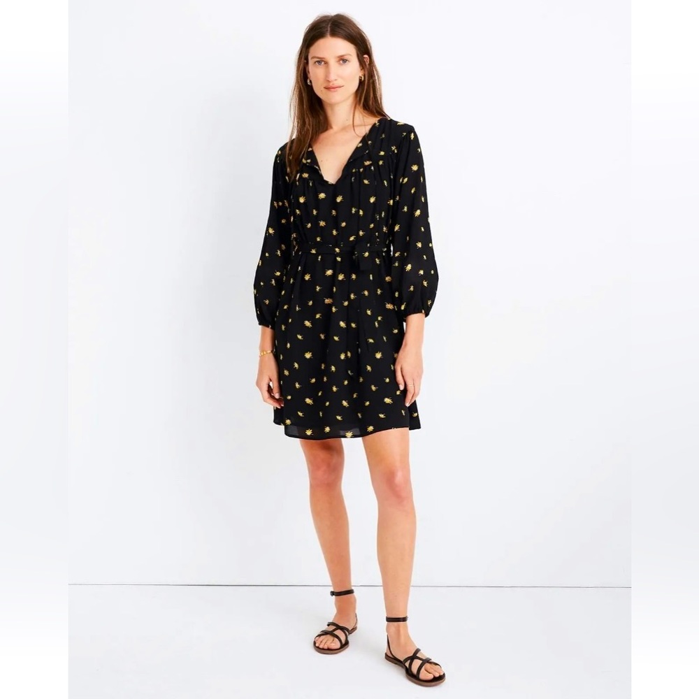 Madewell Black Midi Dress In French Daises 3/4 bubble Sleeves Womens Sz XS